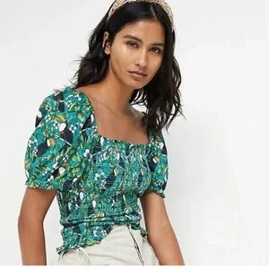 Anthropologie Dolan Left Coast Green Smocked Puffy Sleeve Tropical Top Size S